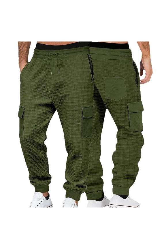 Mens Waffle Knit Cargo Sweatpants Lightweight Regular Fit Casual Drawstring Elastic Wait Textured Jogger Sweat Pants Loose Oversized Baggy Athetlic Pants with Multi-Pockets Army Green S