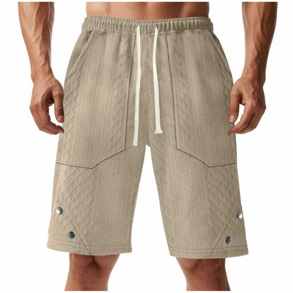 Havenre Mens Waffle Knit Shorts Lightweight Casual Elastic Waist Drawstring Geometric Texture Short Summer Beach Vacation Shorts with Large Pockets Khaki M