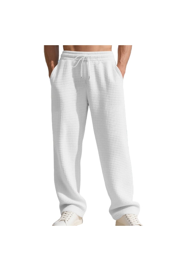 Mens Waffle Sweatpant Lightweight Casual Drawstring Stretch Textured Loose Straight Fit Workout Trousers Athletic Jogger Pants with Pockets White L