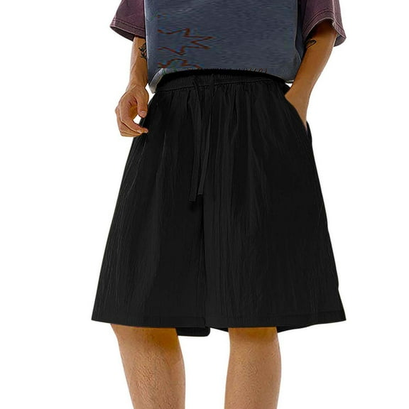 Havenre Mens Wide Leg Shorts Casual Drawstring Elastic Waist Baggy Short Pants Loose Lightweight Comfy Beach Vacation Shorts with Pockets Black XXXXL