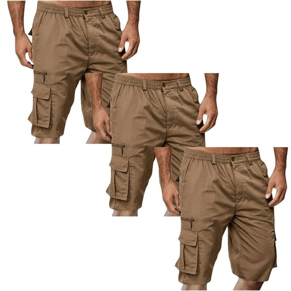 Havenre Pack of 3Pcs Cargo Shorts for Men Big and Tall Regular Fit Casual Outdoor Hiking Pants Lightweight Button Elastic Waist Knee Length Bermuda Shorts with Multi-Pockets Khaki L