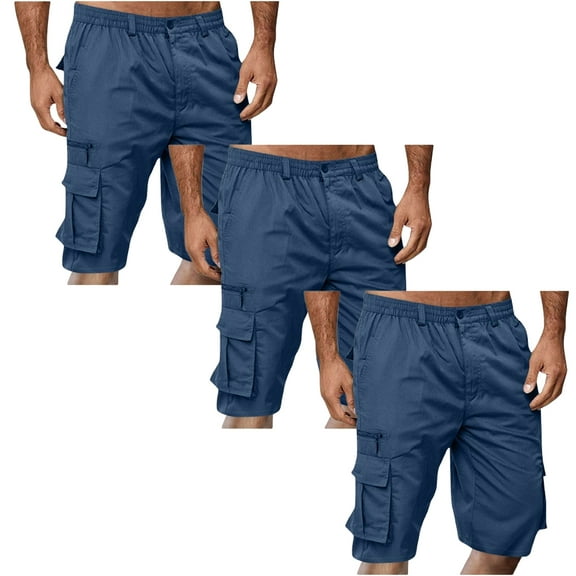 Havenre Pack of 3Pcs Cargo Shorts for Men Big and Tall Regular Fit Casual Outdoor Hiking Pants Lightweight Button Elastic Waist Knee Length Bermuda Shorts with Multi-Pockets Navy Blue L