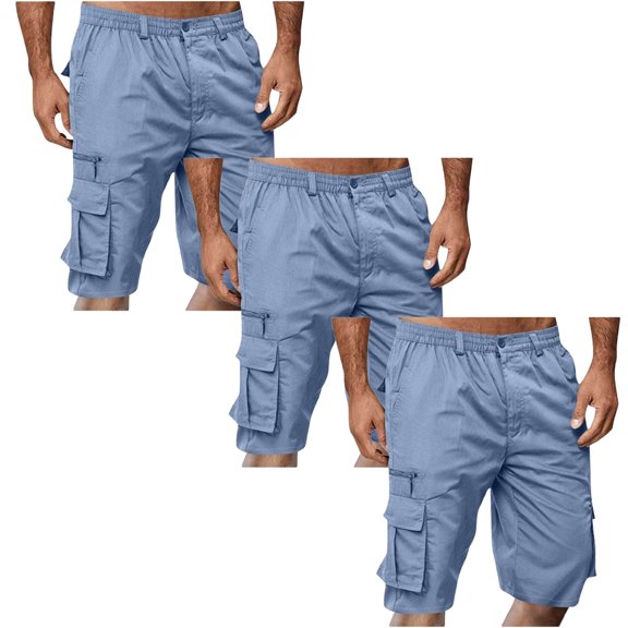 Havenre Pack of 3Pcs Cargo Shorts for Men Big and Tall Regular Fit Casual Outdoor Hiking Pants Lightweight Button Elastic Waist Knee Length Bermuda Shorts with Multi-Pockets Sky Blue M