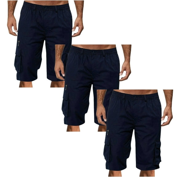 Havenre Pack of 3Pcs Cargo Shorts for Men Big and Tall Regular Fit Casual Outdoor Hiking Pants Lightweight Button Elastic Waist Knee Length Bermuda Shorts with Multi-Pockets Navy M