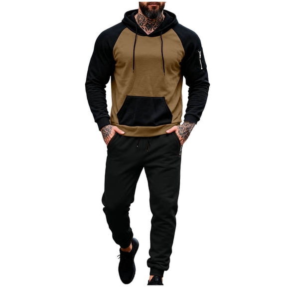 Havenre Tracksuit 2 Pieces Set for Men Casual Color Block Drawstring Long Sleeve Hooded Pullover Sweatshirt and Lightweight Jogger Pants Sweatsuit with Pockets Brown XL