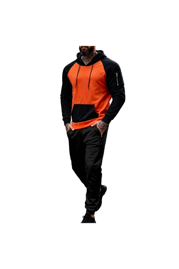 Tracksuit 2 Pieces Set for Men Casual Color Block Drawstring Long Sleeve Hooded Pullover Sweatshirt and Lightweight Jogger Pants Sweatsuit with Pockets Orange XXXL