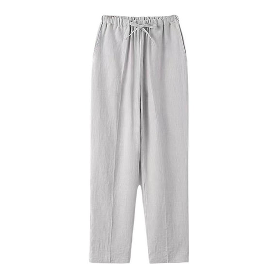 Havenre Women's Cotton Linen Straight Leg Pants Lightweight Elastic Drawstring Casual Trousers Summer Beach Lounge Pants with Pockets Gray XXXXL