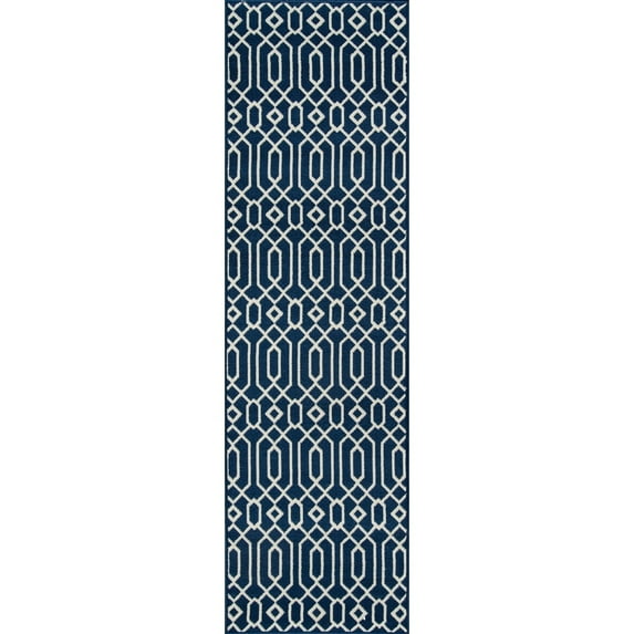 Momeni Baja Links Geometric Trellis Outdoor Area Rug Navy 2'3" x 7'6" Runner 8' Runner Ivory Runner, Rectangle
