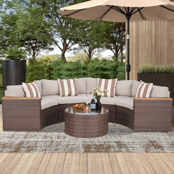 Havenside Home Nuon Outdoor Patio Furniture 5-piece Rattan Wicker Half-Moon Half Round Curved Sofa Sectional Set by Brown