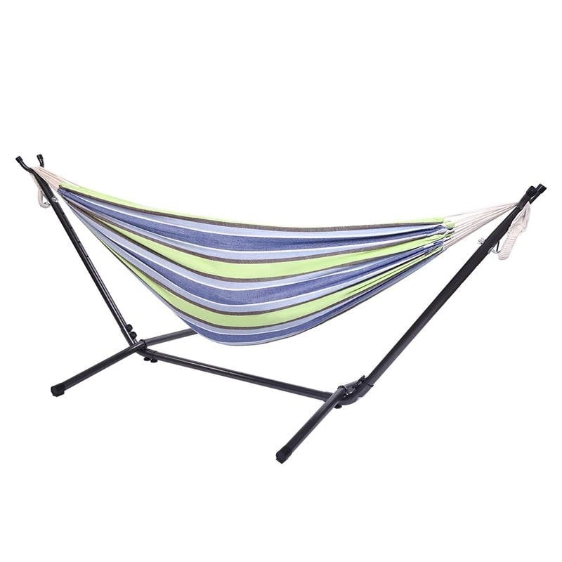 Green and Blue Striped Polyester 2-Person Hammock with Black Metal Stand