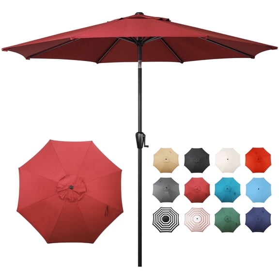 Sun-Ray 9 FT Patio Umbrella w/ Push Button Tilt and Crank Outdoor Umbrella, 8 Sturdy Ribs, UV Protection, Solution-Dyed Fabric, Burgundy