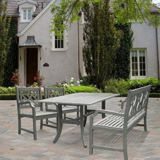 Havenside Home Surfside Rectangular Table with Bench and Armchair Outdoor Hardwood Dining Set by