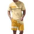 thumbnail image 1 of Havenx 2 Piece Outfit for Men Short Sleeve Crewneck Shirts Drawstring Elastic Waist Shorts with Pockets Color Block Sets Breathable Athletic Summer Beach Vacation Wear,Yellow L, 1 of 6