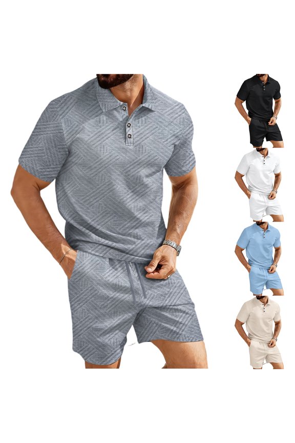 2 Piece Outfits for Men Short Sleeve Button Outfit Jacquard Knit Textured Tracksuits Beach Vacation Summer Athletic Clothes,Gray 3XL