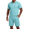 thumbnail image 1 of Havenx 2 Piece Short Sets for Men Button Down Short Sleeves Drawstring Polo Shorts Sets with Pockets Elastic Waist Sweatsuit Outfits Athletic Jogging Sports Summer Clothes,Light Blue M, 1 of 7