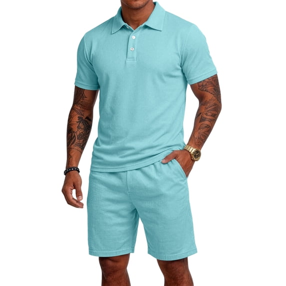 Havenx 2 Piece Short Sets for Men Button Down Short Sleeves Drawstring Polo Shorts Sets with Pockets Elastic Waist Sweatsuit Outfits Athletic Jogging Sports Summer Clothes,Light Blue M