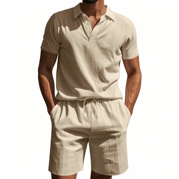 Havenx 2 Piece Short Sets for Men Linen Short Sleeve Button Down Polo Shirts Shorts Collared Drawstring Outfits Lightweight Summer Beach Vacation Walking Athletic Outfits Tracksuit,Khaki M