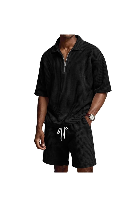 2 Piece Waffle Knit Outfit for Men Short Sleeve 1/4 Zip Outfits with Pockets Textured Drawstring Sets Fashion Vacation Beach Summer Athletic Joggers Tracksuit,Black M