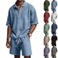 thumbnail image 1 of Havenx 2 Piece Waffle Knit Outfit for Men Short Sleeve 1/4 Zip Polo Shirt and Shorts with Pockets Textured Drawstring Tracksuits Set Athletic Summer Vacation Beach Travel Clothes,Deep Green 3XL, 1 of 7