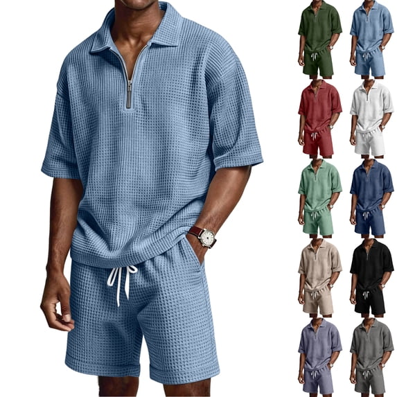 Havenx 2 Piece Waffle Knit Outfit for Men Short Sleeve 1/4 Zip Polo Shirt and Shorts with Pockets Textured Drawstring Tracksuits Set Athletic Summer Vacation Beach Travel Clothes,Deep Green 3XL