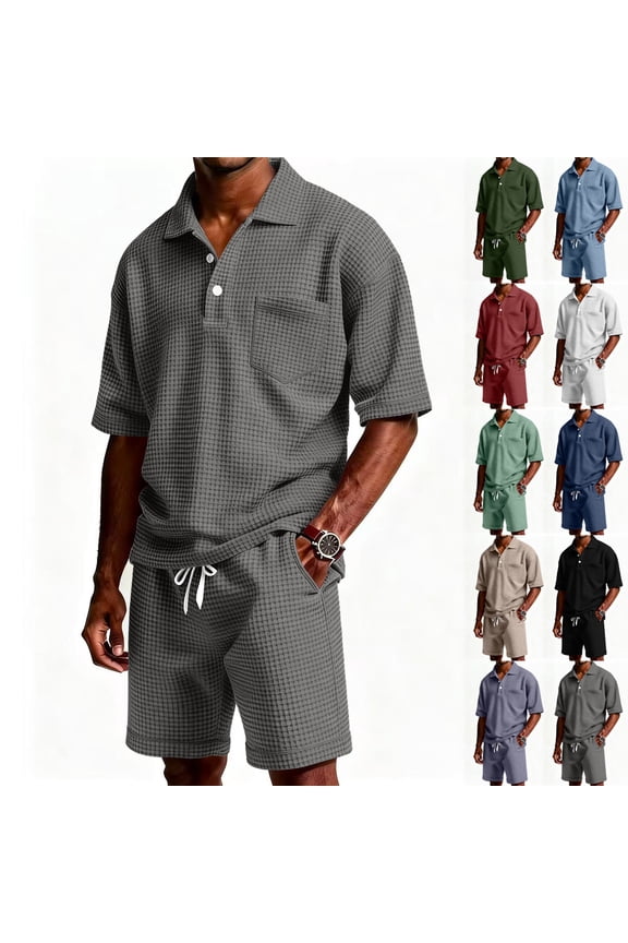 2 Piece Waffle Knit Outfit for Men Short Sleeve Button Polo Shirt and Shorts Set with Pockets Textured Drawstring Suits Casual Summer Vacation Beach Fashion Loungewear,Gray M