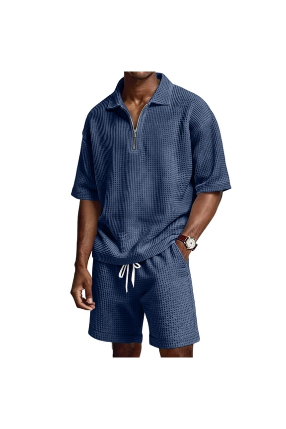 2 Piece Waffle Knit Outfit for Men Short Sleeve Quarter Zip Outfits with Pockets Textured Drawstring Track Suits Fashion Vacation Beach Summer Athletic Sweatsuit Outfits,Navy XL