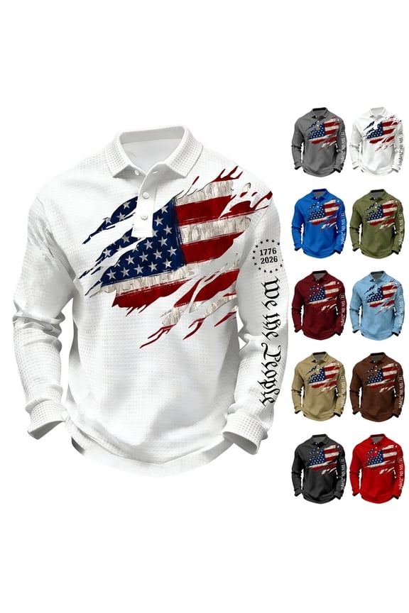 250 American Anniversary Shirt for Men Long-Sleeved Waffle Fabric Shirt National Flag Print Buttons Polo Casual 250 Years Of Freedom Cross Patriotic Shirt Tops,Gray 3XL