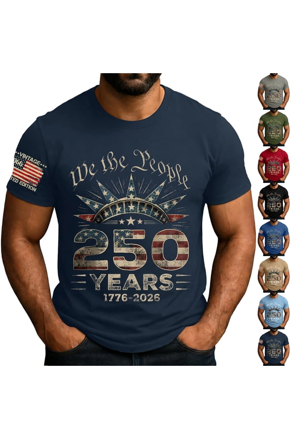250 Anniversary Usa Shirt for Men American Flag Design Crewneck Shirts Short Sleeve Fun Graphic T-Shirt Cross Patriotic 250 Years Of Freedom Tee,Gray 2XL