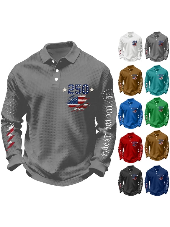 250 Anniversary Usa Shirt for Men Long Sleeve Waffle-Knit Shirt National Flag Print Buttons Sweatshirt 250 Year American Anniversary Freedom Shirt Tops,Earthy Yellow XL