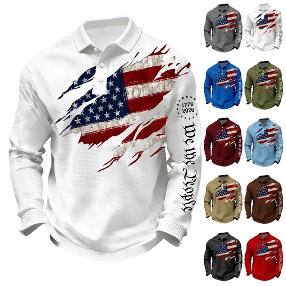 Havenx 250 Anniversary Usa Shirt for Men Long-Sleeved Waffle Polo Shirt American Flag Printed Buttons Polo Casual 250 Years Of Freedom Cross Patriotic Tee,Gray L