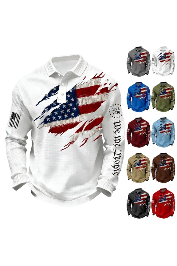 250th Anniversary National Flag Print Shirt for Men Waffle-Knit Long Sleeve Polo Shirt Buttons Polo Sweatshirt 250 Year American Anniversary Freedom Tee,Camouflage Green 5XL