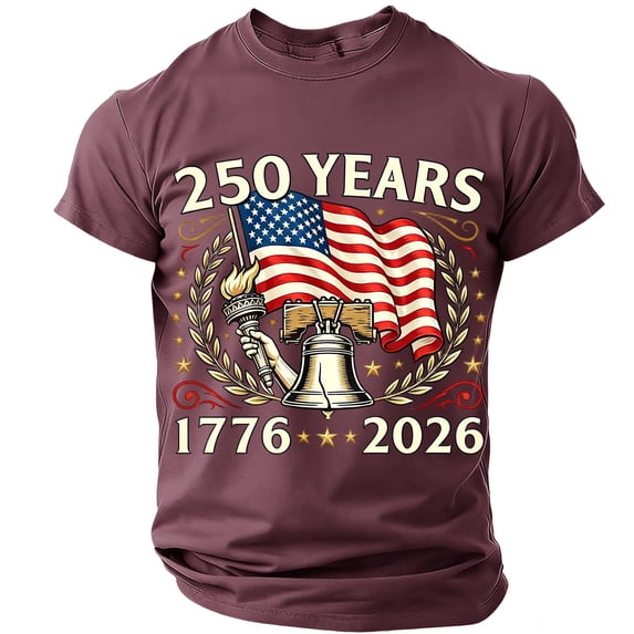 Havenx 250th Anniversary Usa Shirt for Men Short Sleeve Crew Neck Shirt American Flag Design T-Shirts Cross Patriotic 250 Years Of Freedom Tees,Wine 3XL