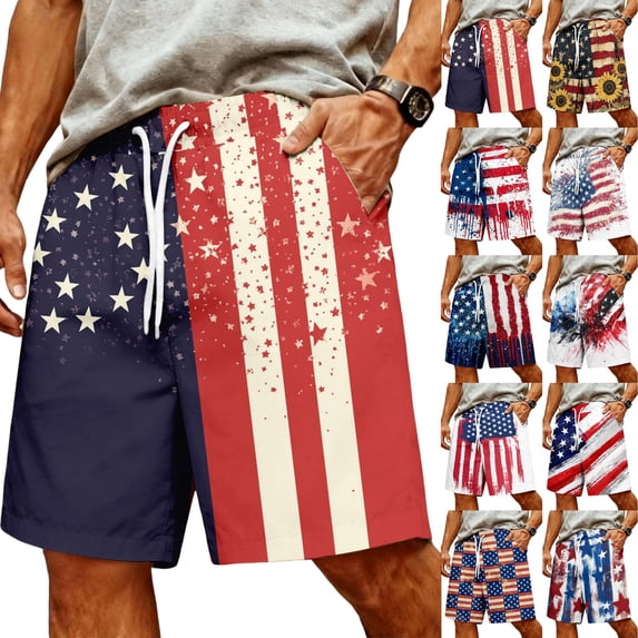 Havenx 4th Of July Shorts for Men America Flag Stars Stripes Shorts with Pockets Elastic Waist Drawstring Pants Cross Patriotic 250 Years Of Freedom Clothing,Orange S