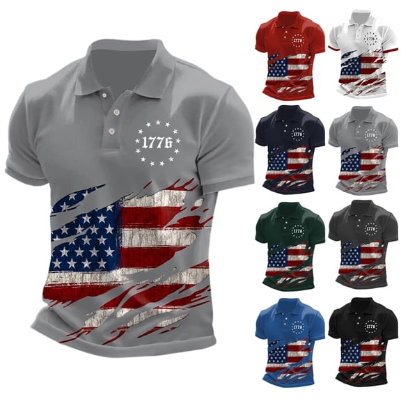 Havenx American Flag 1776 Polo Shirt for Men Button Down Short Sleeve Polo Shirt Usa American Flag T-Shirts 1776 Independent Day Patriotic Tees,Light Gray 3XL