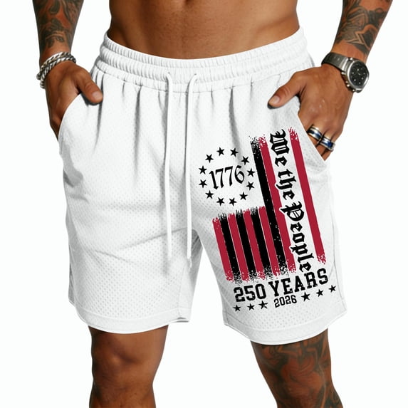 Havenx American Patriotic Shorts for Men Mesh Drawstring Elastic Waist Shorts with Pockets Fast Dry Short Pants Lightweight Summer Beach Gym Workout Clothes,White L