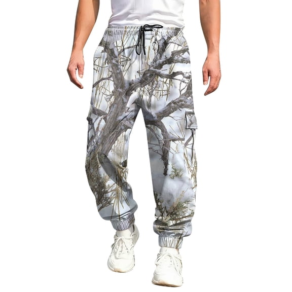 Havenx Baggy Camo Cargo Pants for Men Maple Leaf Print Elastic Waist Tapered Cargo Pants with Flap Pockets Wide Leg Joggers Workout Casual Fashion Loose Fit Gym Clothing,White XL