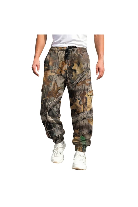 Baggy Camo Cargo Sweatpants for Men Maple Leaf Print Elastic Waist Tapered Cargo Sweatpants with Pockets Straight Wide Leg Trousers Casual Fashion Y2k Loose Fit Workout Clothing,Deep Green M