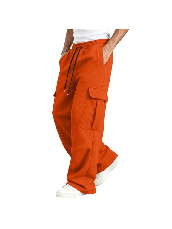 Baggy Cargo Sweatpants for Men Elastic Waist Drawstring Sweat Pants with Pockets Straight Wide Leg Trouser Loose Fit Workout Outdoor Lightweight Wear,Saffron S