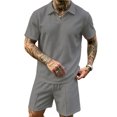 thumbnail image 1 of Havenx Beach Outfit 2 Piece for Men Cotton Linen Short Sleeve V Neck Polo Shirts Shorts Collared Drawstring Set Summer Beach Vacation Breathable Athletic Tracksuit,Dark Gray M, 1 of 4