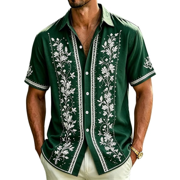 Havenx Button Down Shirt for Men Short Sleeve Collared Shirts Floral Print Top Beach Summer Wedding Vacation Vintage Clothes,Dark Green L