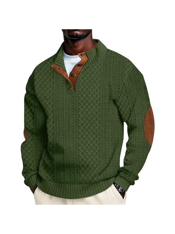 Cable Knit Pullover Sweater for Men Long Sleeve Button Down Sweatshirt Elbow Patches Stand Collar Pullover Vintage Dressy Fall Winter Outdoor Soft Clothes