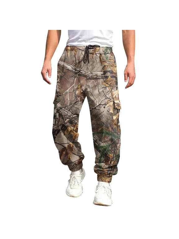 Camo Cargo Sweat Pants for Men Maple Leaf Print Drawstring Waist Tapered Cargo Pants with Flap Pockets Wide Leg Joggers Workout Athletic Soft Lounge Fashion Outfits,Dark Green XL