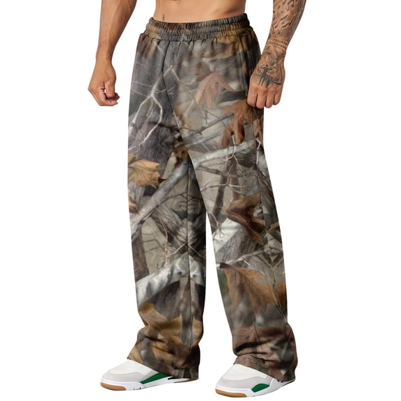 Havenx Camo Graphic Leaf Print Baggy Sweatpants for Men Straight Wide Leg Camo Pants Elastic Waist Graphic Print Wear with Pockets Casual Fashion Y2k Loose Fit Joggers Outfits,Dark Green S