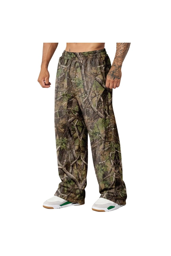 Camo Graphic Leaf Print Baggy Sweatpants for Men Straight Wide Leg Camo Pants Elastic Waist Graphic Trousers with Pockets Workout Athletic Joggers Soft Lounge Clothing,Deep Green XL
