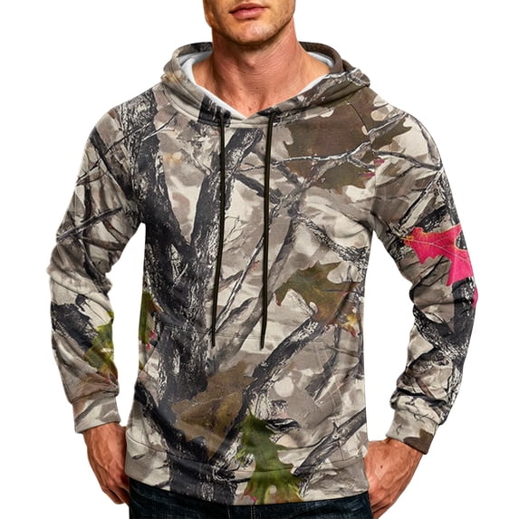 Havenx Camo Hoodie for Men Long Sleeve Camouflage Print Hoodies with Pockets Drawstring Hooded Sweatshirt Athletic Workout Fall Winter Fishing Hunting Casual Pullover,Gray L
