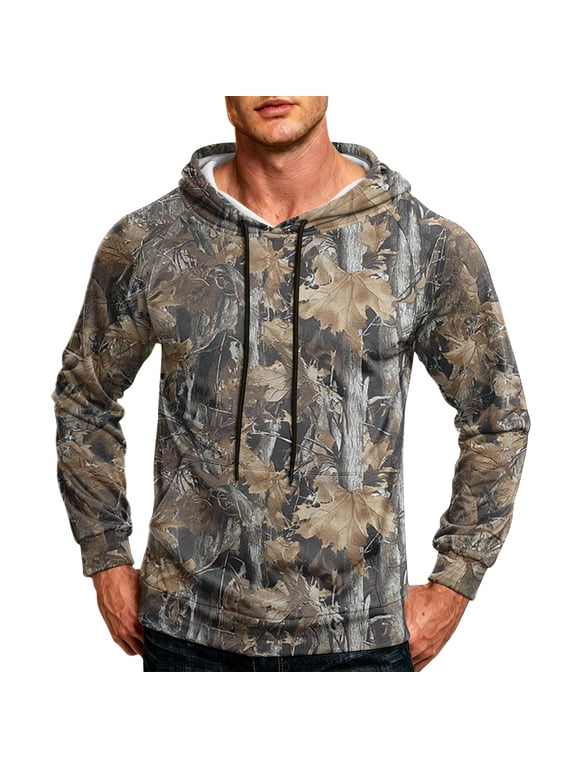 Camo Hoodie for Men Long Sleeve Maple Leaf Print Hoodie with Pockets Drawstring Hooded Sweatshirt Athletic Workout Fall Winter Fishing Hunting Casual Clothing,Camel L