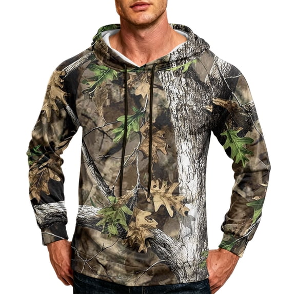 Havenx Camo Hoodie for Men Long Sleeve Maple Leaf Print Hoodie with Pockets Drawstring Hooded Sweatshirts Fishing Hunting Camping Athletic Workout Fall Winter Clothing,Camel S