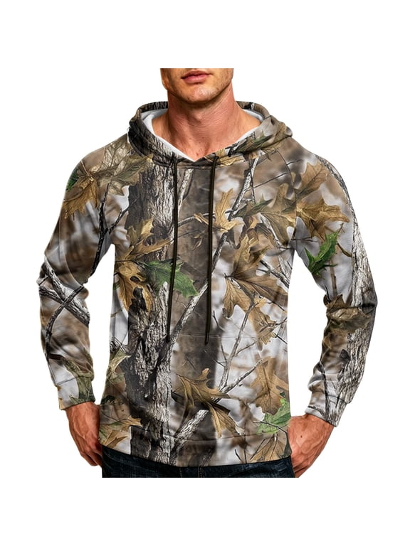 Camo Hoodies Sweatshirt for Men Long Sleeve Camouflage Print Hoodie with Pockets Drawstring Hooded Sweatshirts Workout Outdoor Fishing Hunting Camping Fall Winter Pullover,Brown XL