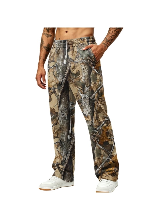 Camo Pants for Men Wide Leg Dry Leaf Print Elastic Waist Sweatpants with Pockets Open Bottom Camouflage Trousers Jogger Gym Workout Hiking Casual Loose Fit Streetwear,Camel S