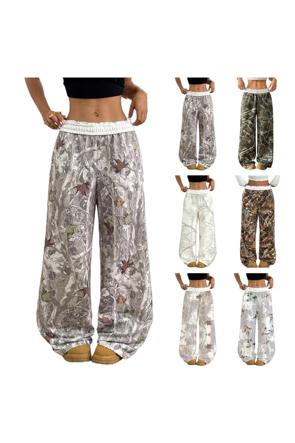 Camo Pants for Womens Wide Leg Maple Leaf Print Pants Elastic Waist Drawstring Joggers Camouflage Casual Workout Lounge Trendy Trousers,Dark Green M